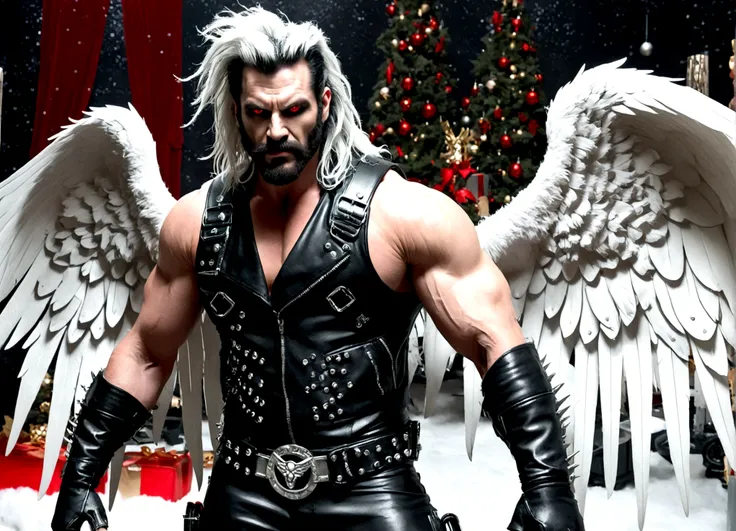 DC comics Lobo (pale white skin, deep red eyes, pitch black mullet and scraggly beard, powerfully muscled, leather space biker outfit with a lot of metal stud trim, huge gun) is wearing angel wings to infiltrate a Christmas play. A bunch of lovely women in...