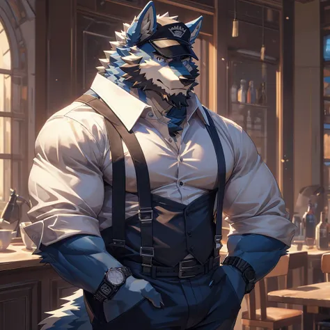 Furry, anthro, Wolf , Blue Fur , Dragon Horns ,Wearing Black Cap solo, shirt, 1boy, white shirt, Muscle body, male focus, collared shirt, pants, looking to the side, suspenders, pectorals, sleeves rolled up, watch, wristwatch, beard , (Ultra Details),(mast...