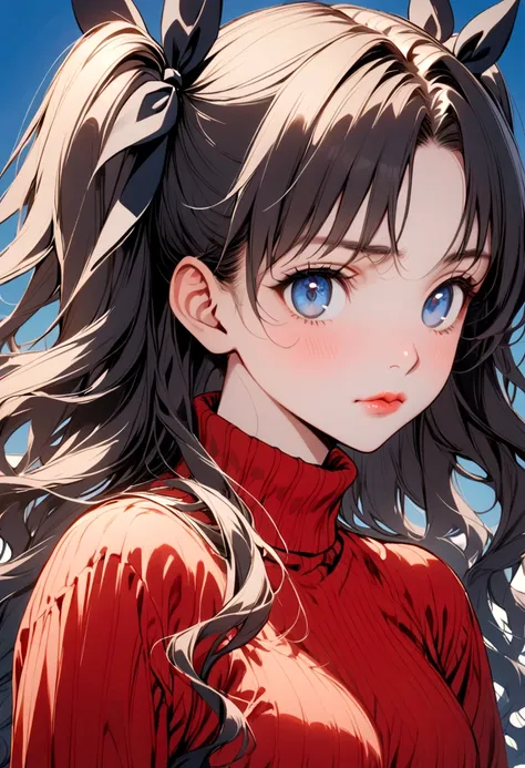 1girl, tohsaka rin, solo, long hair, sweater, red sweater, looking at viewer, blue background, black hair, simple background, two side up, turtleneck, blue eyes, lips, closed mouth, ribbon, hair ribbon, bangs, turtleneck sweater, upper body, parted bangs, ...