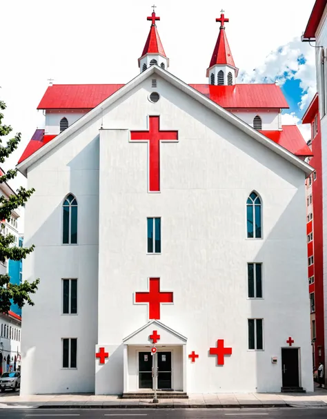 Modern church in crowded city. White painted color wall with red cross.