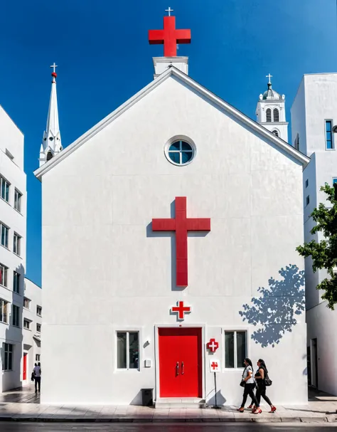 Modern church in crowded city. White painted color wall with red cross.