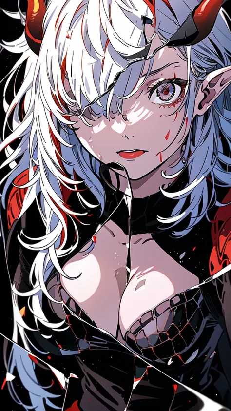 ((1adult woman,solo,milf,mature female)),red eyes,red lipstick,horns,serious,white hair,long hair,black dress,cleavage,elf ears,(((hair over one eye))),black background