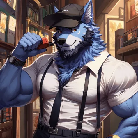 Furry, anthro, Wolf , Blue Fur , Dragon Horns ,Wearing Black Cap solo, shirt, 1boy, white shirt, Muscle body, male focus, collared shirt, pants, looking to the side, suspenders, pectorals, sleeves rolled up, watch, wristwatch, beard , (Ultra Details),(mast...