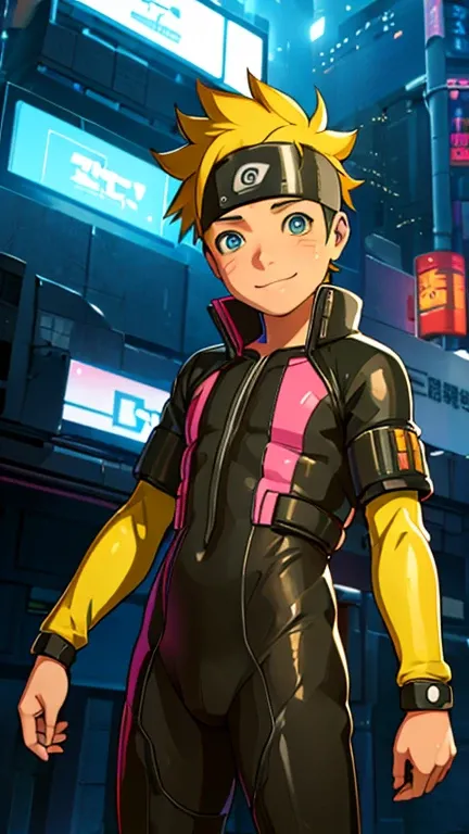 (8k),(masterpiece),(Japanese),(13-year-old boy),((innocent look)),((Childish)),From the front,smile,cute,Innocent,Kind eyes,Flat chest, Uzumaki Boruto wearing cyberpunk bodysuit,Short,Hair blowing in the wind,Yellow Hair,Strong wind,night,dark, Neon light ...