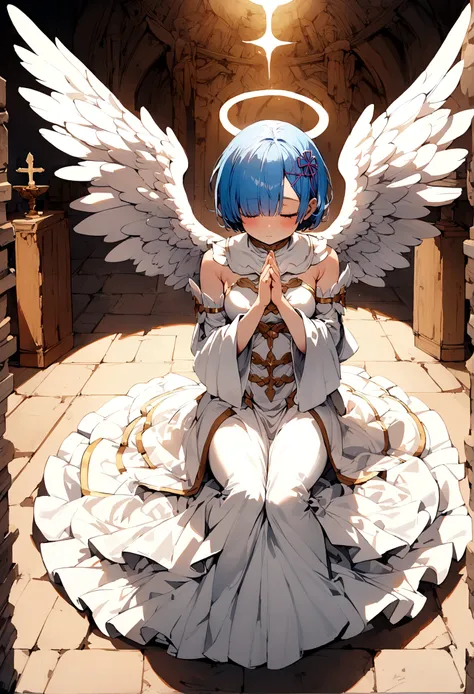 pov, Angel, praying, Rem, (cosplay angel),full body , fullbody