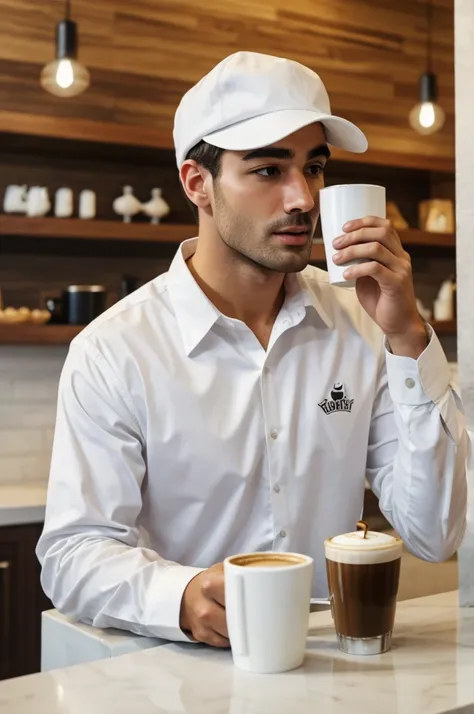 White humanoid duck in a white shirt saying yum god to death while drinking coffee