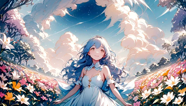 There is a girl standing in a flower field looking up at the sky, a girl standing in a flower field, a girl walking in a flower field, lost in a dreamy wonderland, standing in a flower field, fantastic digital painting, the sky gradually clears, the starry...