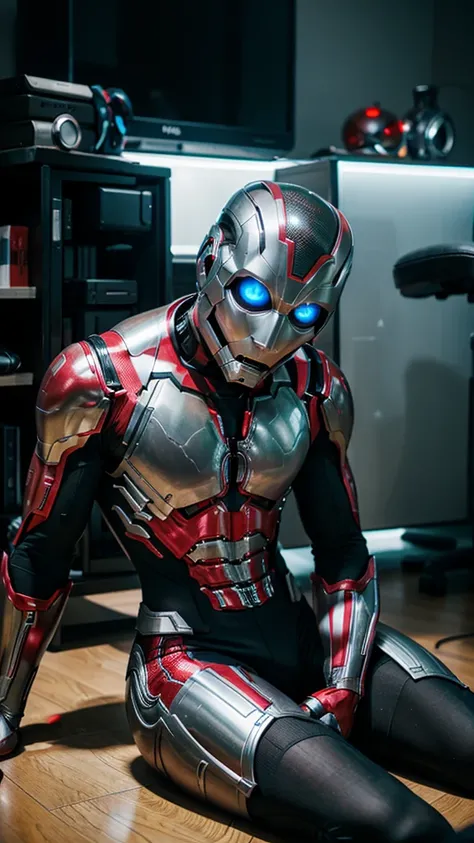 Ultron from the Avengers but sitting on the floor looking at the computer 

