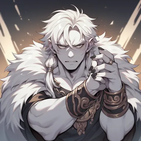 depicts a character with pale skin and white hair. He wears fur clothes, suggesting a cold environment. The character extends a hand towards the viewer, with black nails and rings adorning the fingers. One of the rings has a large dark stone.a Na&#39;vi wo...