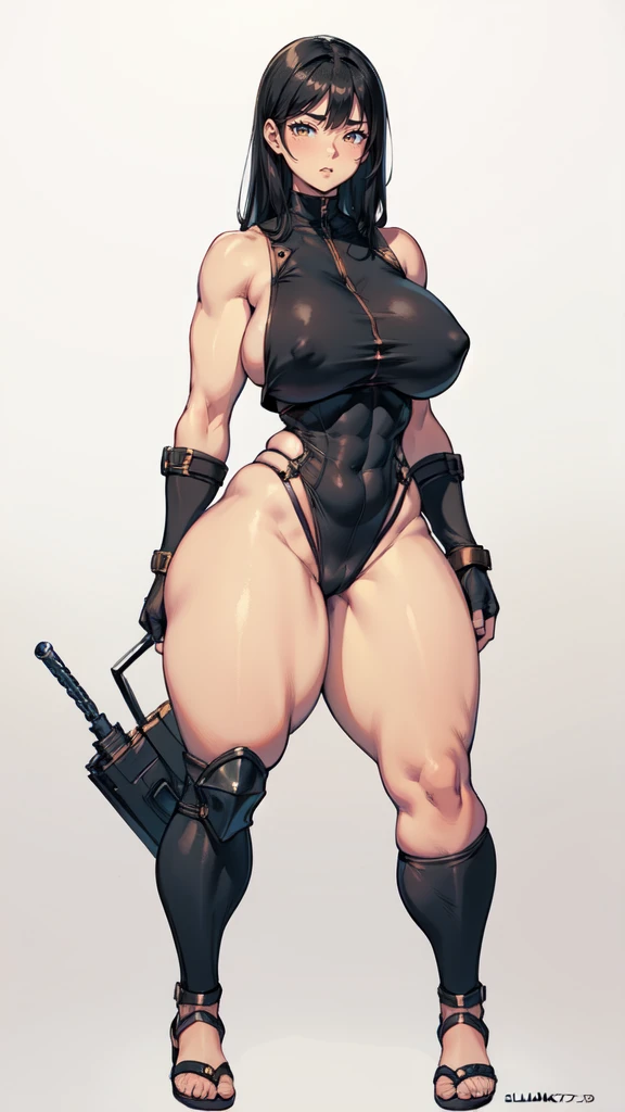 (masterpiece), best quality, female warrior, huge girl, female muscular:1.2, (curvy), ((thick thighs:1.5)), (((blank background))), ((full body)), fingerless gloves, sandals, sleeveless, covered nipples, (underboobs:1.3), thin hair, straight hair, black ha...