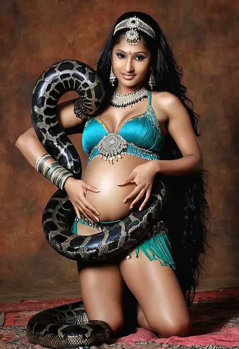 Pregnant  Happy Horny, aroused 1girl), beautiful kneeling Indian  young teen belly dancer girl  with  giant colossal black titanboa squeezing her hard, wrapped in thick spiraling coils, constricted, struggle, gasping for air, snake attack, snake peril, moo...