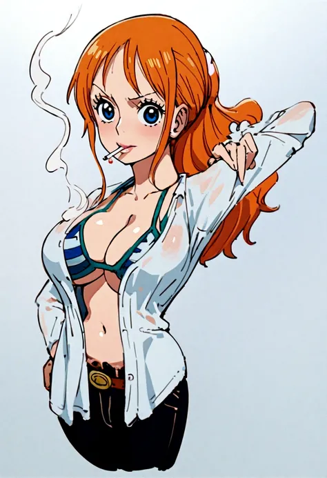 a cartoon picture of a woman in a bikini top and jeans, nami one piece, nami from one piece, nami, beautiful portrait of nami, from one piece, oppai, blue eyes, smoking, ponytail, nsfw