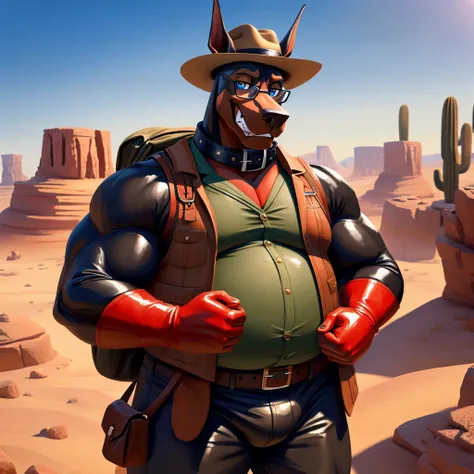 Male, fat, extremely obese, Doberman, blue eyes, (posing:1.3), (soft shading), 4k, hi res, ((detailed face, detailed)), looking at viewer, evil grin, desert, cactus, shirt, hat, male focus, Explorer Outfit, glasses, pants, bag, vest, backpack, sleeves roll...