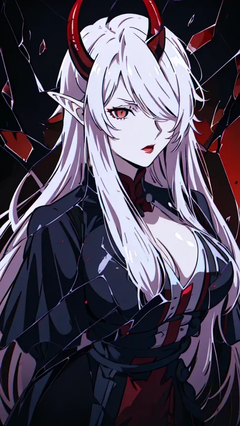 ((1adult woman,solo,milf,mature female)),red eyes,red lipstick,horns,serious,white hair,long hair,black dress,cleavage,elf ears,(((hair over one eye))),black background,broken glass