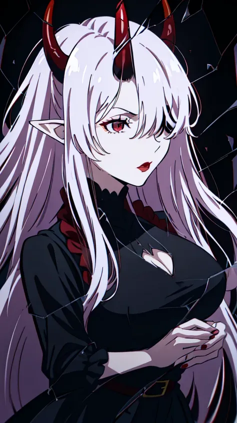 ((1adult woman,solo,milf,mature female)),red eyes,red lipstick,horns,serious,white hair,long hair,black dress,cleavage,elf ears,(((hair over one eye))),black background,broken glass