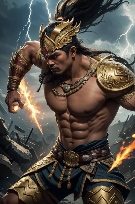 ((best quality)), ((masterpiece)), (detailed), create very detailed images of A powerful warrior in Javanese mythology, associated with thunder and lightning, and renowned for his strength and bravery. He is often depicted as a fierce warrior who defends p...