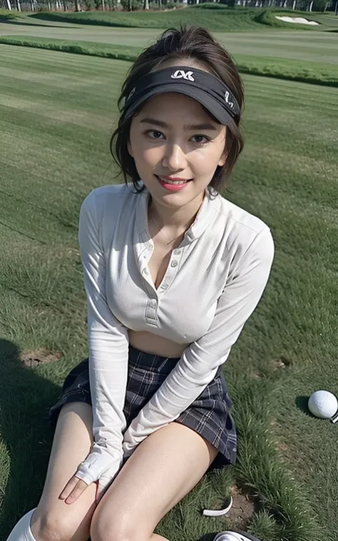 Highly detailed CG Unity 8K wallpaper, top quality, Super detailed, table top, realistic, photo-realistic, highly detailed cute woman, 24-years-old,(short hair)、((small breasts))、cleavage ,(golf wear) , (golf mini skirt) , (sitting), (wearing golf gloves),...