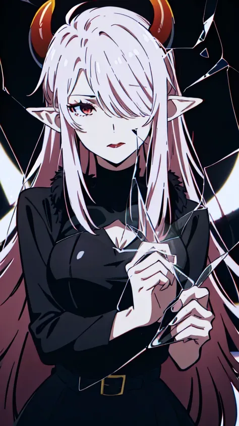 ((1adult woman,solo,milf,mature female)),red eyes,red lipstick,horns,serious,white hair,long hair,black dress,cleavage,elf ears,(((hair over one eye))),black background,broken glass