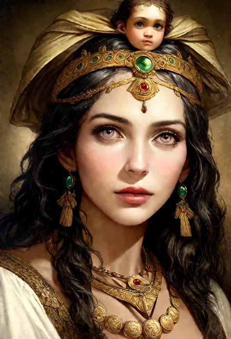 Characters from the Holy Bible, Ultra realistic 16x9 image with lots of enhanced details, Solomons Wife, village saint george realistic human ultra realistic, inspired by green eva, greek , ancient woman , antique necklace, Tiara on head, antique jewelry, ...