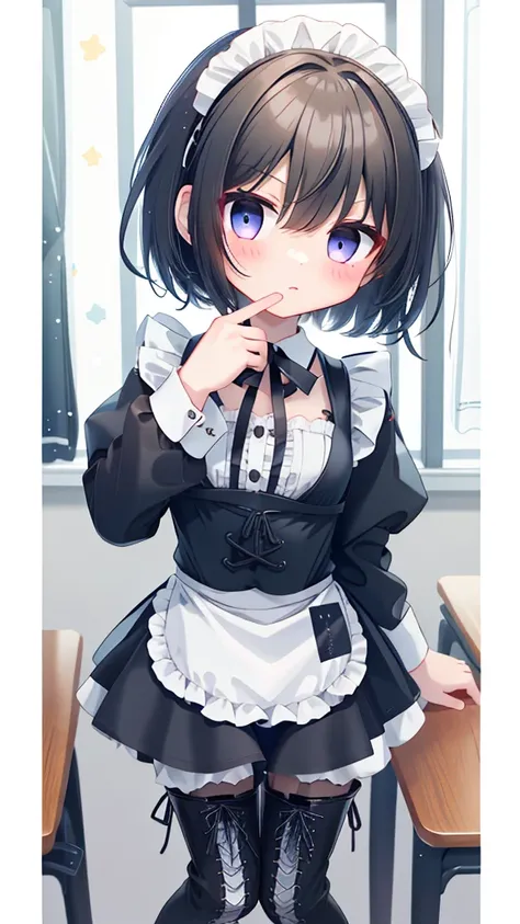 girl，Black short hair，maid outfit，Black lace-up boots，White pantyhose，Blushing shy，Classroom scene，demon