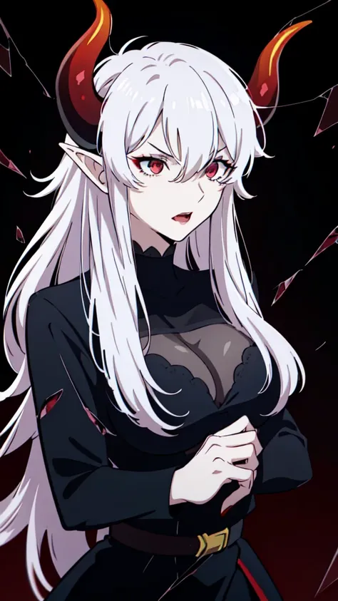 ((1adult woman,solo,milf,mature female)),red eyes,red lipstick,horns,angry,white hair,long hair,black dress,cleavage,elf ears,(((hair over one eye))),black background,broken glass