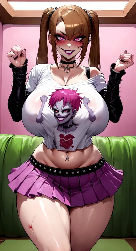 big lips, Brown hair, pink eyes, japanese face, improve, improve grin, two sides up, huge breasts, Wide hips, sexy, detailed, pink room, Hits, (evil smile1.4), kawaii, pleated skirt, punk, GOOD, zombie costume, zombie shirt, zombie choker, zombie skirt, de...