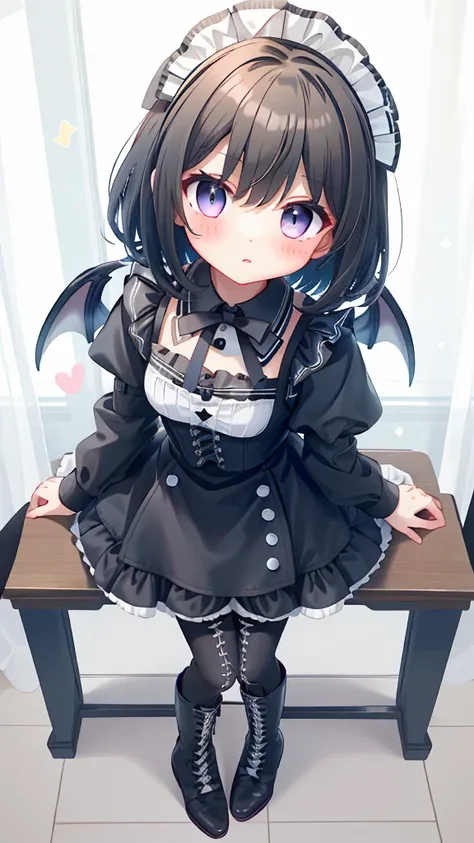 girl，Black short hair，maid outfit，Black lace-up boots，White pantyhose，Blushing shy，Classroom scene，demon