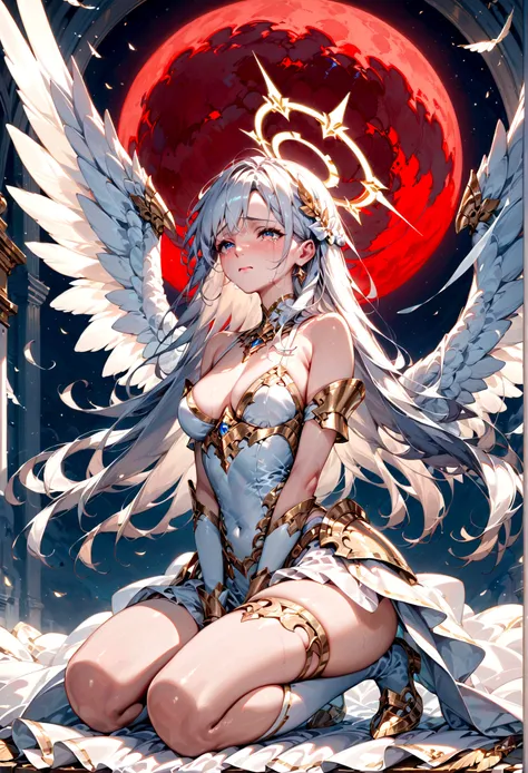 score_9, score_8_up, score_7_up, score_6_up, 1girl, angel, white and gold armor, crying, kneeling and crying, large wings, white halo, bare shoulder, jewelry, detailed red moon background, white hair, long hair,
