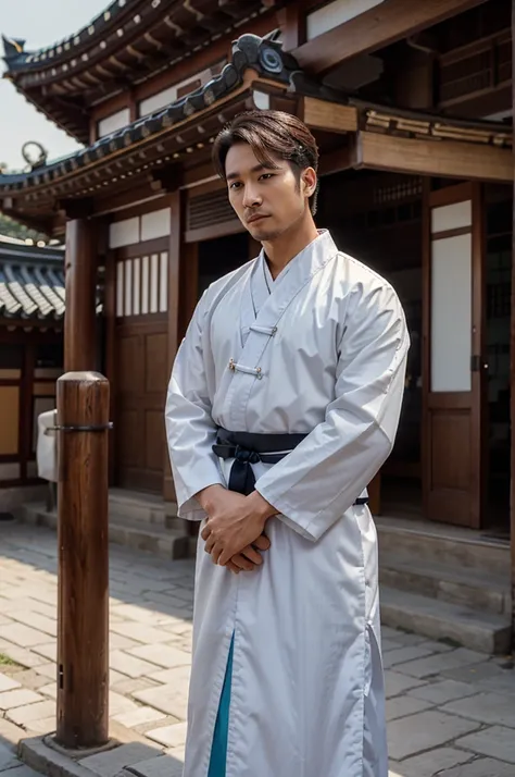 A 29 year old man is standing wearing traditional South Korean clothing, hanbok, with pagoda background 