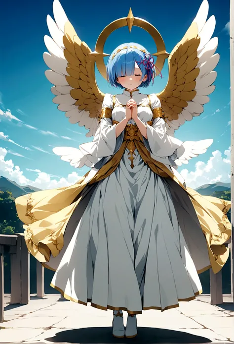 pov, Angel, praying, Rem, (cosplay angel),full body , fullbody,blue sky,golden arua hola