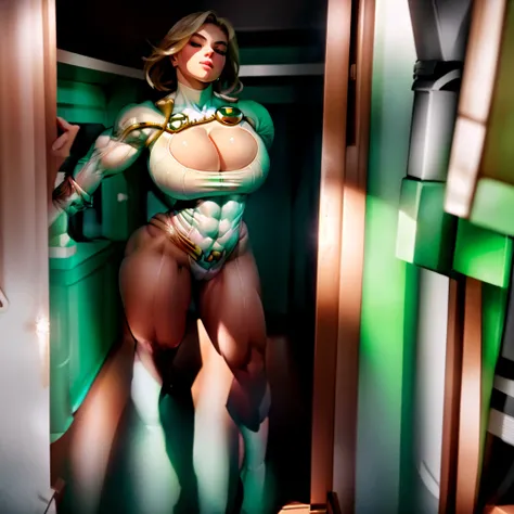 Power Girl in a green top and green bikini posing in a closet, posing and flexing, thick, corpo thick, thick build, Curvaceous Physical Fit, strong pose, beautiful thick female, mid-body shot, posing fully body, whole body!!!, flexing big muscles, perfect ...