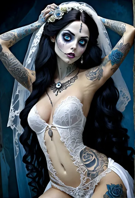 Create a hyper detailed photograph of a corpse bride tattooed young sexy Emily the Corpse Bride, Stunningly perfect gorgeous face, perfect makeup, detailed vibrant eyes, long hair, beautiful perfect, big beautiful perfect arms, realistic torso, detailed si...