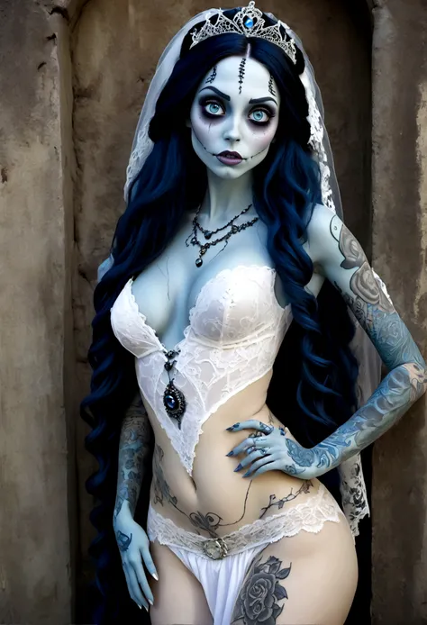 Create a hyper detailed photograph of a corpse bride tattooed young sexy Emily the Corpse Bride, Stunningly perfect gorgeous face, perfect makeup, detailed vibrant eyes, long hair, beautiful perfect, big beautiful perfect arms, realistic torso, detailed si...