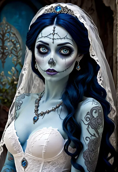 Create a hyper detailed photograph of a corpse bride tattooed young sexy Emily the Corpse Bride, Stunningly perfect gorgeous face, perfect makeup, detailed vibrant eyes, long hair, beautiful perfect, big beautiful perfect arms, realistic torso, detailed si...