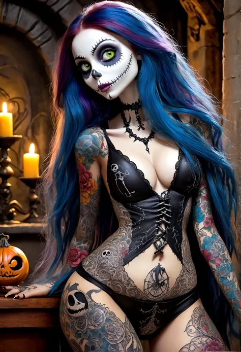 Create a hyper detailed photograph of a nightmare before Christmas tattooed young sexy sally Skellington, Stunningly perfect gorgeous face, perfect makeup, detailed vibrant eyes, long hair, beautiful perfect, big beautiful perfect arms, realistic torso, de...