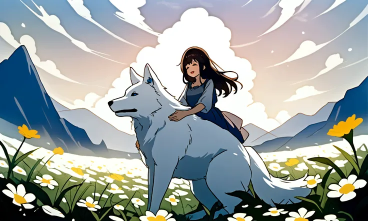 A girl is playing with a big white wolf in a flower field.