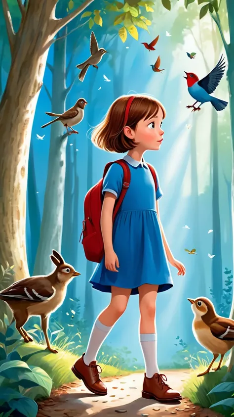 lllustration of Emma, a curious 8-year-old girl with chestnut short bobbed hair，dressed in a simple blue dress , brown shoes, and a red backpack,gazing up with wide-eyed curiosity as talking animals and chirping birds welcome her to the magical Whimsy Wood...