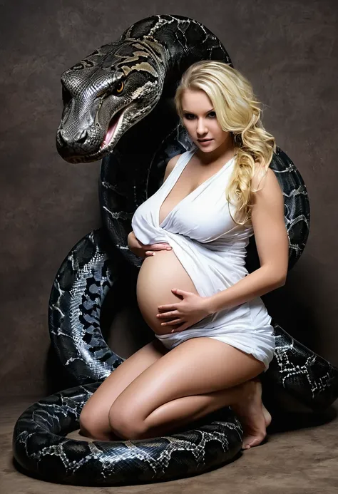 Pregnant  Happy Horny, aroused 1girl), beautiful kneeling blonde  young teen girl  with  giant colossal black titanboa squeezing her hard, wrapped in thick spiraling coils, constricted, struggle, gasping for air, snake attack, snake peril, moonless night, ...