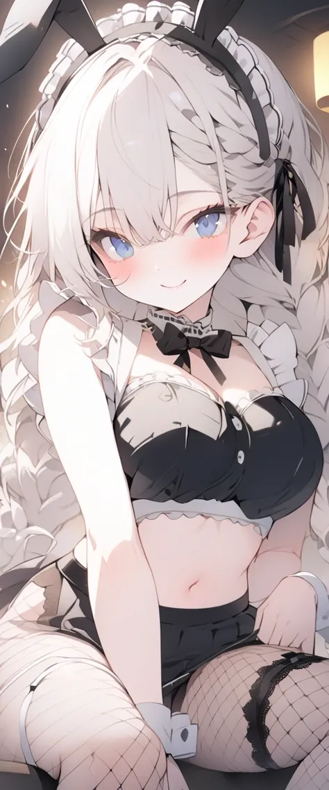 beautiful, masterpiece, Highest quality, anime, One girl, C Cup,Portrait Shot, View your viewers, Covered、Long Hair、nearby、Blue Eyes、art、White hair,black streaked hair, dark atmosphere、Thighs、Braid、Bunny Maid、Fishnet tights、Cafe、smile、garter belt、Crossing ...