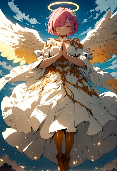 pov, Angel, praying, Rem, (cosplay angel),full body , fullbody,blue sky,golden aura , halo