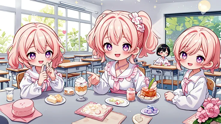 background: Soft pastel colours as the base、backgroundは無地で キャラクター: Girl wearing a white dress、They seem to be having fun in the classroom and at the cafe.。Smiling with sweets in hand。 atmosphere: It&#39;s like a snapshot of youth pursuing love and dreams.、...