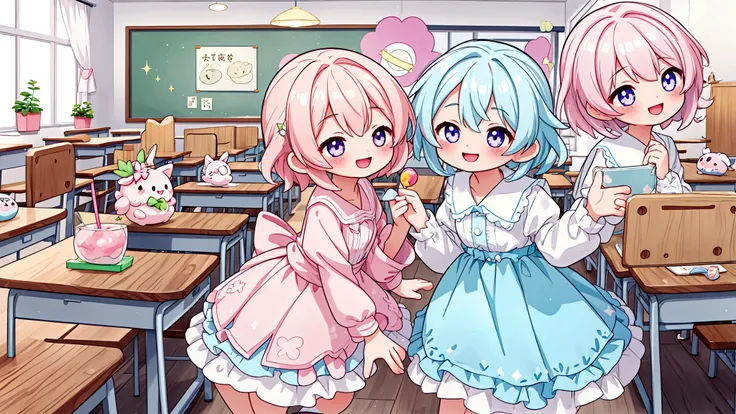 background: Soft pastel colours as the base、backgroundは無地で キャラクター: Girl wearing a white dress、They seem to be having fun in the classroom and at the cafe.。Smiling with sweets in hand。 atmosphere: It&#39;s like a snapshot of youth pursuing love and dreams.、...