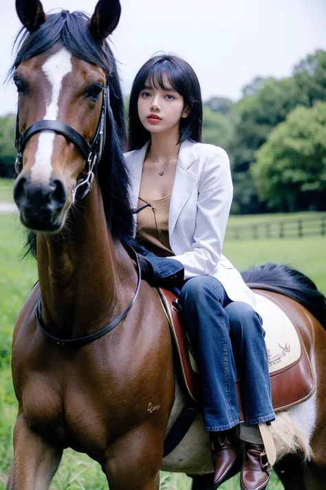 21yo girl, black hair, beautiful outfit, Horseback riding