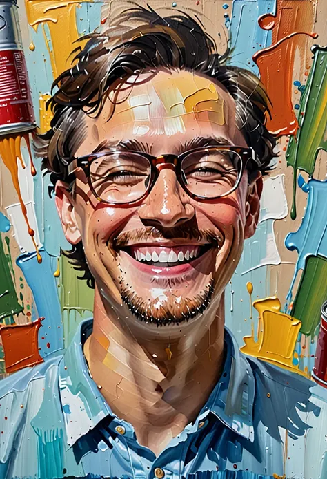 oil painting of smiling man with glasses with bold brush strokes with can vas texture , inspired by all prima , 8k quality
