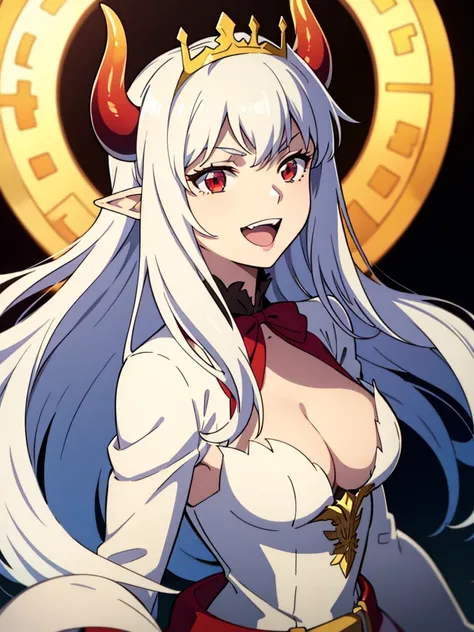 1girl,20s,solo,white dress,white hair,long hair,elf ears,horns,cleavage,red eyes,gold tiara,portrait,serious,smile,open mouth