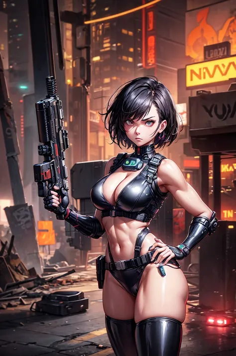 1girl, short hair, cleavage, latex bodysuit, panties

cyborg girl in a destroyed city, carrying a gun on her shoulders, serious expression, cleavage, sensual outfit, cyberpunk 2077 style, ((at night)),

  wearing a mini jacket, wearing latex bikini panties...