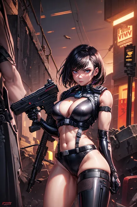 1girl, short hair, cleavage, latex bodysuit, panties

cyborg girl in a destroyed city, carrying a gun on her shoulders, serious expression, cleavage, sensual outfit, cyberpunk 2077 style, ((at night)),

  wearing a mini jacket, wearing latex bikini panties...