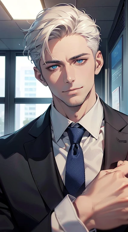 (best quality,4k,8k,highres,masterpiece:1.2),ultra-detailed,(realistic,photorealistic,photo-realistic:1.37),1 man,31 years old,mature man,very handsome,without expression,smile,short white hair,blue eyes,penetrating gaze,perfect face without errors,imposin...