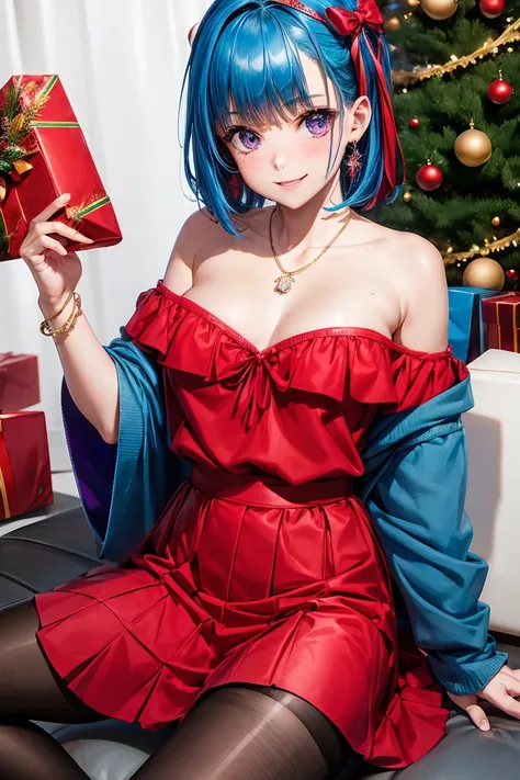 1 Girl, Bangs, Blue Hair, bow, Box, bracelet, Christmas, Christmas tree, Cowboy shooting, skirt, earrings, Fishing Net, flower, Gift, Gift Box, Hair accessories, Hamel, Jewelry, Looking at the audience, Colorful hair, necklace, Pantyhose, Open your mouth, ...