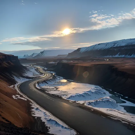 Arav view of a road with a river crossing, iceland photography, Shot with iPhone 1 3 Pro max, Shot with iPhone 1 3 Pro, Shot with iPhone 1 3 Pro, The river is flowing, Shot with iPhone 14 Pro, By Muggur, Post-processing, Snow canyon at dawn, Sunset in the ...